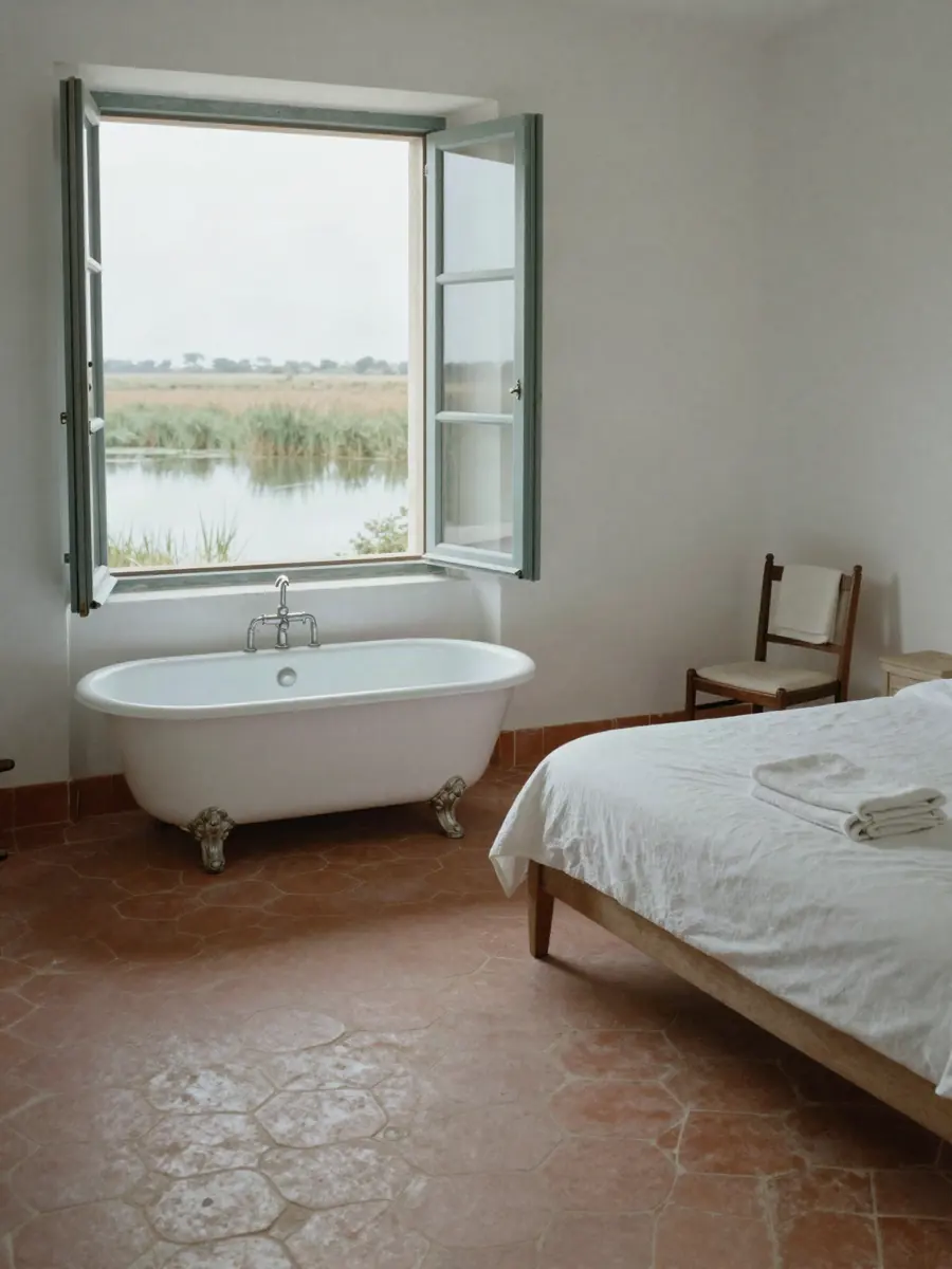 Chambre Étang : baignoire devant la fenêtre ouverte sur l'étang