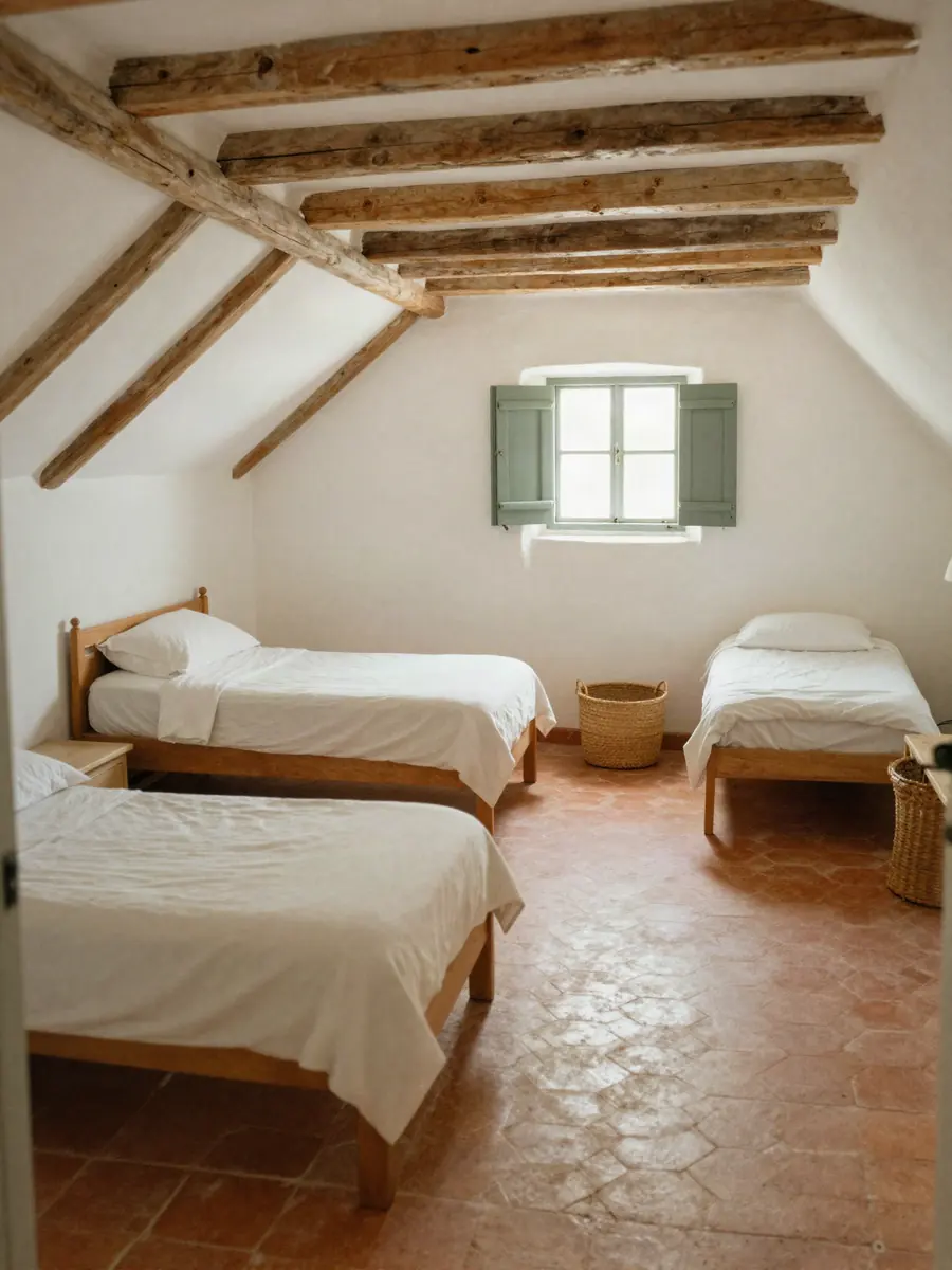 Chambre Grenier : trois lits sous les poutres