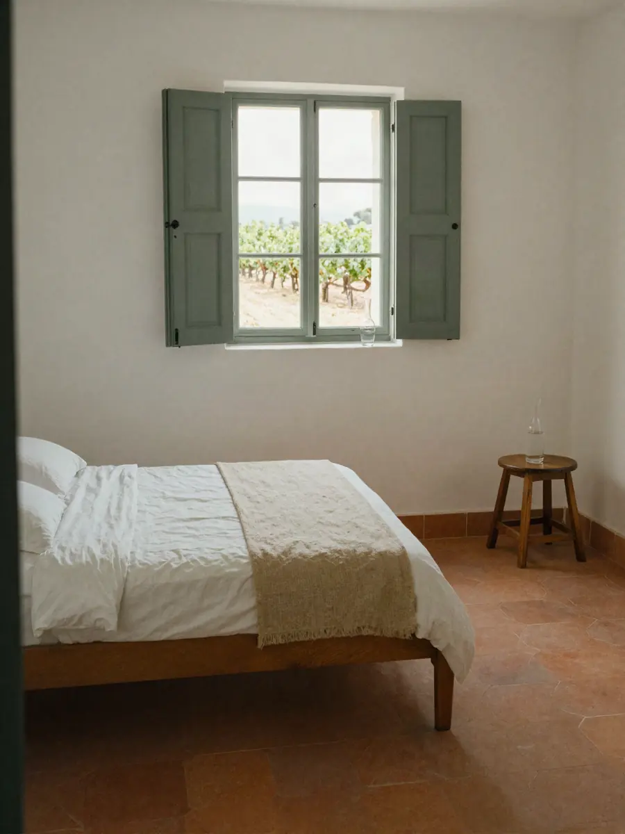 Chambre Levant : lit de 160 en lin blanc, fenêtre ouverte sur les vignes