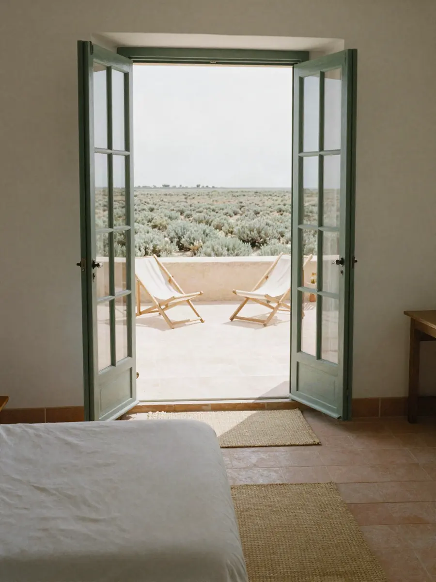 Chambre Sansouïre : portes-fenêtres ouvertes sur la terrasse et la sansouïre